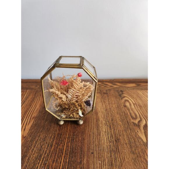 Vintage Glass Brass Geometric Trinket Box Curio Hinged Dried Flowers - Picture 1 of 5